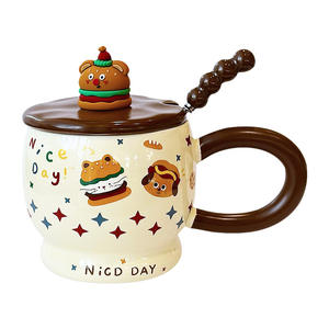แก้วเซรามิคลายการ์ตูนแฮมเบอร์เกอร์พร้อมฝาและช้อน ขนาดใหญ่ สำหรับใช้ในบ้าน เหมาะเป็นของขวัญวันเกิดสำหรับผู้หญิง - Product Image 2