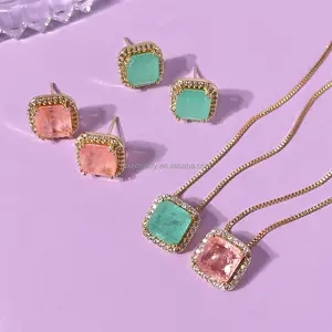 Newest style classic zirconia jewelry 18k gold plated green pink jewelry sets