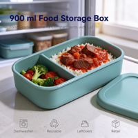 Boîte de conservation alimentaire de 900 ml en silicone de qualité alimentaire, conteneur à 2 compartiments avec couvercle pour les restes, les collations et la vente au détail