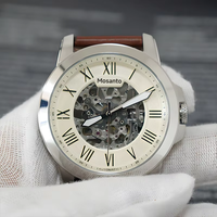 Montre automatique squelette pour homme, chiffres romains, bracelet en cuir, boîtier argenté, montre-bracelet pour homme d'affaires