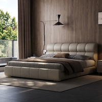 Lit plateforme moderne de luxe en cuir capitonné, taille King, avec tête de lit rembourrée arrondie