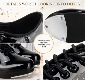 Chaussures de claquettes unisexes en cuir noir brillant à lacets avec semelle extérieure en caoutchouc pour la danse sociale et les soirées - Product Image 3