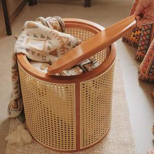 طاولة مستديرة بنمط طبيعي مع حافة خشب الروطان المنسوجة ، طاولة نهاية لغرفة المعيشة وغرفة النوم - Product Image 6