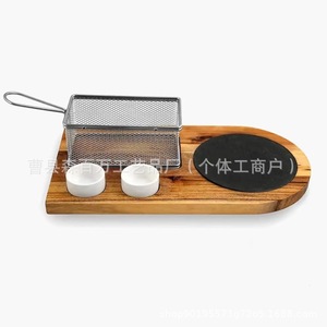 Plateau en bois pour frites et burgers avec passoire, plat à condiments en céramique, plateau à fromage, plateau à burgers en bois, plateaux de service pour repas et restauration hôtelière - Product Image 2