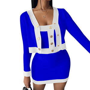 Completo Casual da Donna in Due Pezzi, Abito con Patchwork Colorato e Cardigan, Set Maglione per Confraternite - Product Image 4