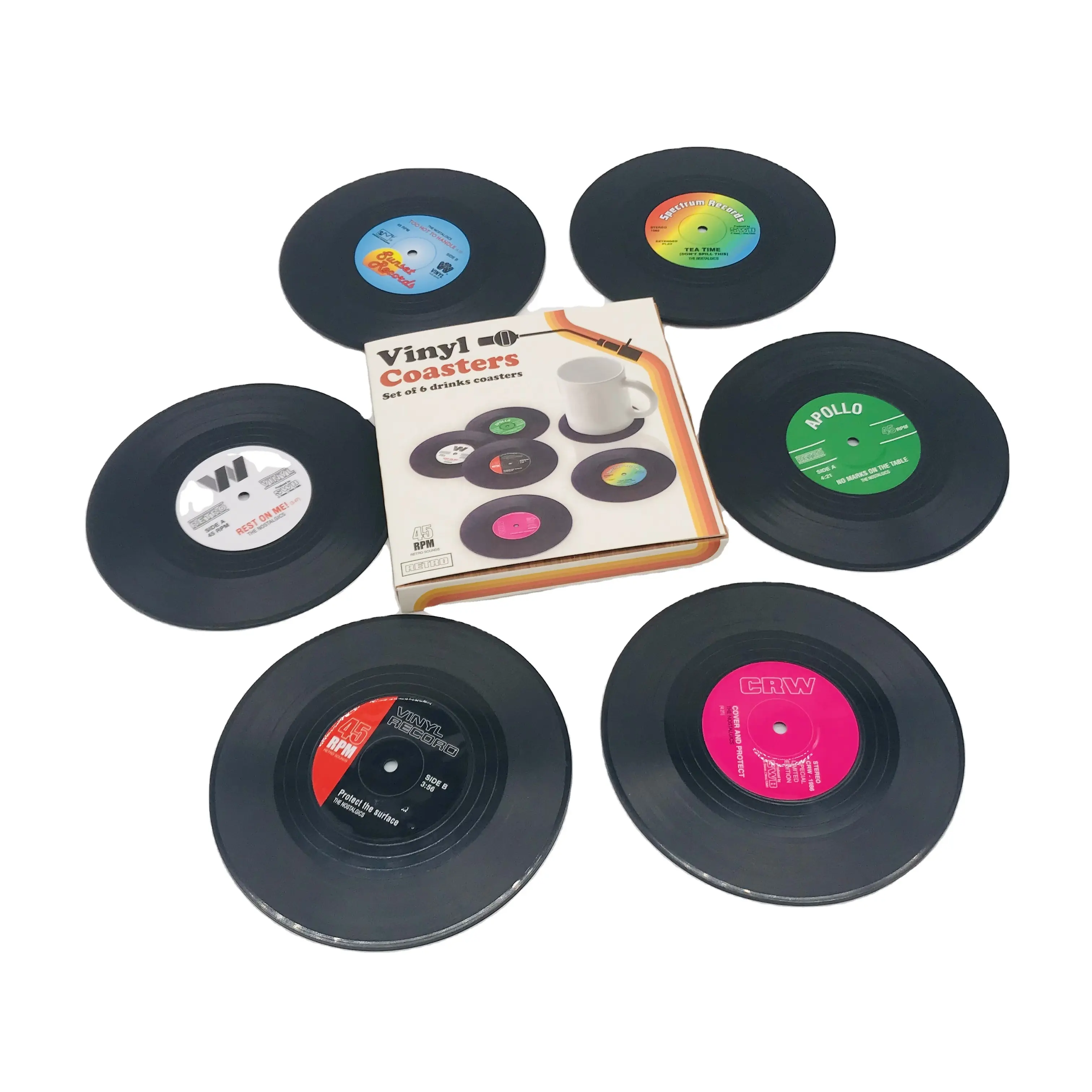 Posavasos para bebidas con caja de regalo, juego de 6 posavasos Retro coloridos de disco de vinilo con etiquetas divertidas