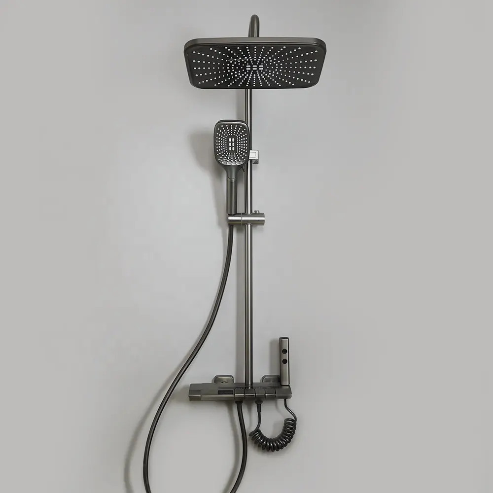 Dunkelgraue Smart Shower Digital anzeige Keine Batterie 4-Wege-Niederschlag-Klavier-Dusch-Set Mixer mit Thermostatventil-Dusch system