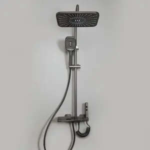 Koyu gri akıllı duş dijital ekran pil 4 yollu yağmur piyano duş seti mikser termostatik vana duş sistemi ile