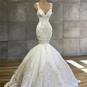 Vestido de boda de sirena, nuevo diseño, sin mangas, encantador, de lujo, con escote en v