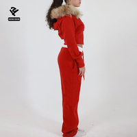 Ensemble veste courte à capuche avec fourrure et pantalon de survêtement en molleton pour femme, avec poche sur le bras, deux pièces, coupe ajustée, survêtement chaud d'hiver