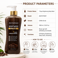 AESTHTANY Gel de Bain Exfoliant au Café 1000ml, Blanchissant et Nourrissant en 7 Jours, Réparateur Cutané, Contrôle du Sébum, Exfoliation, Beurre de Karité