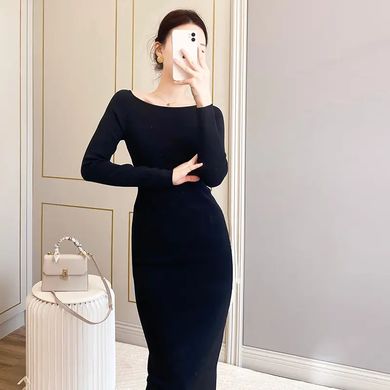 Fashion ALcos style 2024 early spring new slim slim long dress-word collar knitted skirt generation