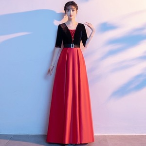 Modern Choir Performance Dress Women's Long Red V-neck Velvet Sheath Slim Fit Career Dress - Product Image 2