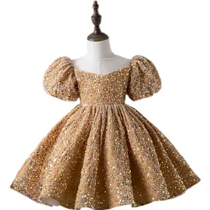 USA Yellow children's first birthday dress puffed sleeve princess dress sequin style girl baby birthday party girl costume