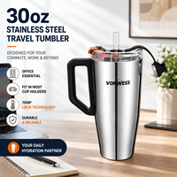 Lot de 2 gobelets isothermes en acier inoxydable de 30 oz à double paroi avec poignée et paille, anti-fuite, sans BPA, couleur et logo personnalisables