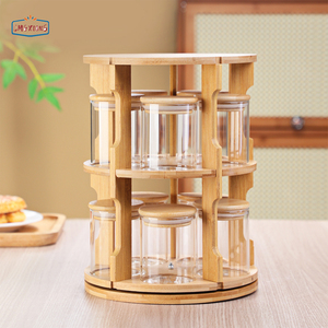 360&deg; <strong>Rotating</strong> <strong>Spice</strong> Bamboo Tabletop <strong>Rack</strong> With <strong>Spice</strong> Jar Set Household High Borosilicate Glass <strong>Rotating</strong> Containers Storage - Product Image 2