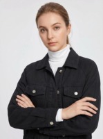 Veste en jean courte noire pour femme, style utilitaire, écologique, avec poches cargo, doublure en soie, streetwear personnalisé, vente en gros