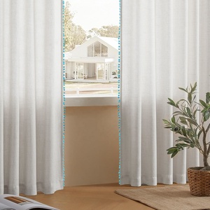 Nuovo Design 100% poliestere di dimensioni personalizzate <span class=keywords><strong>in</strong></span> tinta unita bianco con linguetta superiore piccole palline blu bordo tenda <span class=keywords><strong>in</strong></span> <span class=keywords><strong>Tulle</strong></span> trasparente per finestra all'ingrosso - Product Image 1