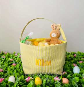 Panier personnalisé brodé avec nom, en tissu seersucker, pour la chasse aux œufs de Pâques, idéal pour les enfants - Product Image 6