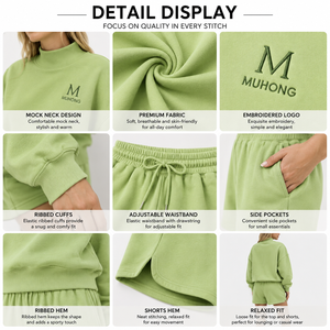 Ensemble de vêtements de détente pour femmes en molleton de coton certifié OEKO-TEX, vert, 2 pièces, logo personnalisé, OEM, ODM, vente en gros en grande quantité - Product Image 3