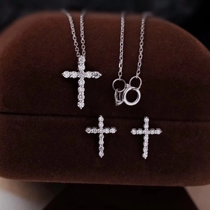 Collier et boucles d'oreilles pendantes en or pur 18 carats avec croix religieuse, bijoux fins Xinfly - Product Image 1