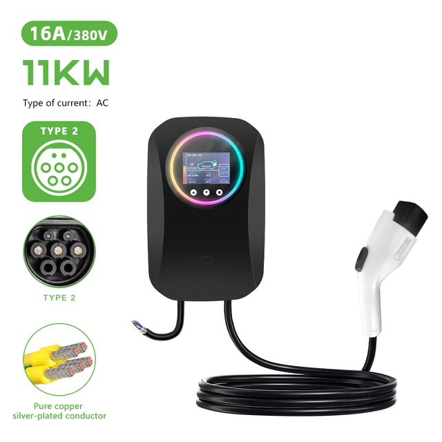 Type2 EV Charging Station 7kW 11kW 22kW Screen Display 12 Months Warranty Black Color ABS+PC Type2 Commercial Home EV Wallbox