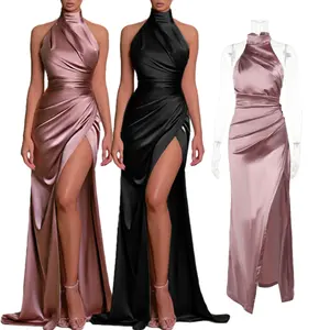 2024 весеннее женское платье без рукавов с высоким воротником и разрезом, женское скромное вечернее платье для выпускного вечера