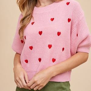 Женский зимний свитер с коротким рукавом, круглым вырезом, повседневный, из полиэстера/хлопка, с вышитым на груди логотипом в виде сердца, ручной вязки - Product Image 2