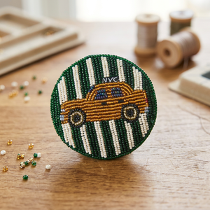 Handcrafted Beaded Car Coaster, Green & White Seed Bead Round Drink Coaster with Vintage Car Design, Table Decor & Gift - Product Image 4