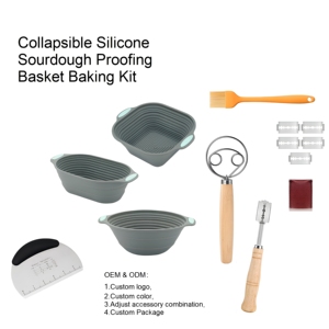 Ensemble de paniers de levage en silicone pliables pour <span class=keywords><strong>pain</strong></span> au levain, 3 formes, <span class=keywords><strong>banneton</strong></span> pliable avec kit complet d'accessoires de cuisson - Product Image 1