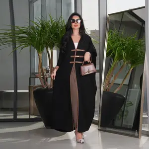 2023 New Turkey Dubai Dresses Fashion Cardigan Leather Buckle Color Matching Robes For External Wear Arab Women Abayas