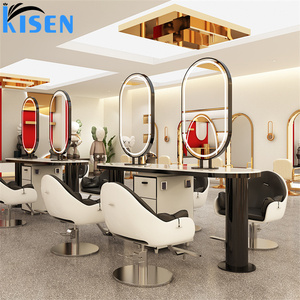 Espejo de pie de acero inoxidable KISEN para salón con estantes de almacenamiento y diseño contemporáneo, espejo personalizado para barbería. - Product Image 3