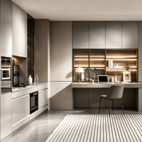 Ensemble de cuisine moderne de luxe sans poignées, finition mate bicolore, vitrine à vin en verre LED, four encastré, évier, pour villa en bois