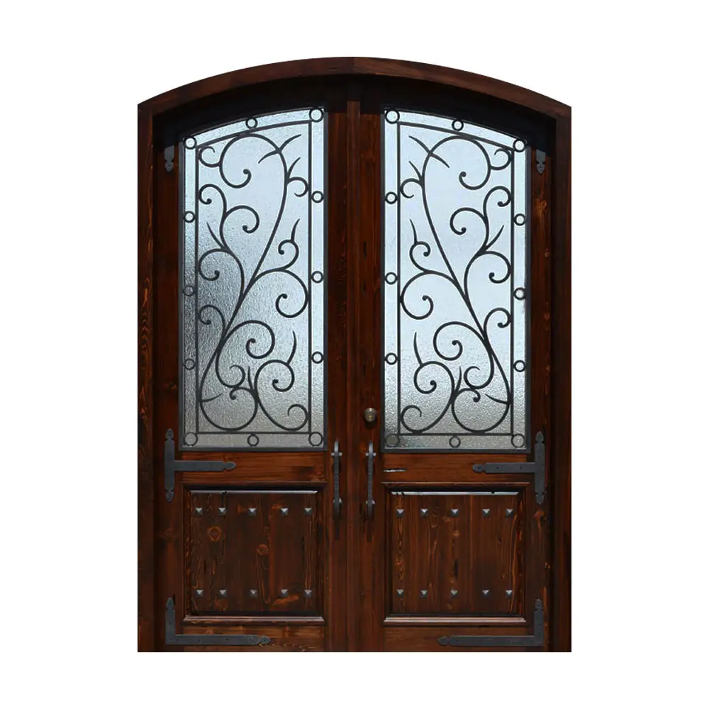 Arc rustic raw wood metal wrought iron main entry front doors with wooden color