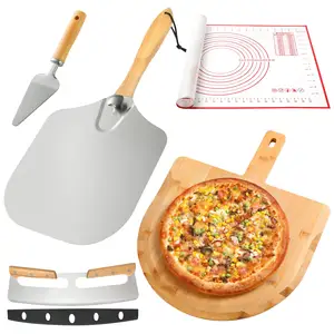披萨制作工具披萨切割机套装竹木披萨切割机烤箱配件牛排面包，带可折叠手柄，便于存放