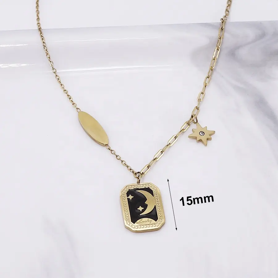 Customized Jewelry 2022 Unisex Stainless Steel Card Pendant 18K Gold PVD Moon Star Pattern Enamel Rectangle Charm Necklace