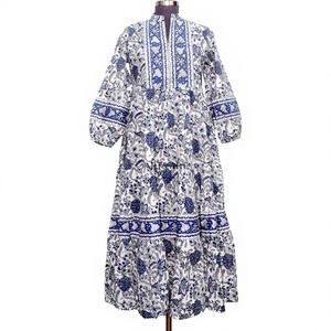 Vestido Maxi de Algodón Suave con Estampado Floral, Cuello V, Manga Abullonada, Cintura Natural y Cinturón, Ideal para Vacaciones - Product Image 1