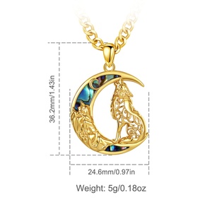 Collar con Colgante de Lobo y Luna Vikinga, Joyería Nórdica con Nudo Celta, Chapado en <span class=keywords><strong>Oro</strong></span> de <span class=keywords><strong>24K</strong></span> sobre Cobre, con Concha de Abulón Natural, Venta al Por Mayor - Product Image 2
