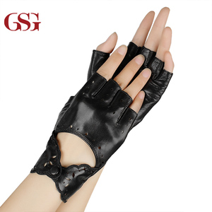 Gants en <span class=keywords><strong>cuir</strong></span> sans doublure pour femme, mi-doigts, sans doigts, pour la conduite, avec broderie laser sexy, accessoires de cosplay, noir <span class=keywords><strong>beige</strong></span> - Product Image 3