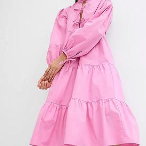 เดรสยาวสีพื้นทรงหลวมสไตล์ลำลองสำหรับฤดูร้อน ดีไซน์ระบายชั้นๆ ผ้าฝ้ายเนื้อนุ่ม แขนยาว กำลังเป็นที่นิยม - Product Image 3