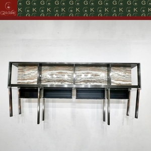 GOLDKING Mueble de TV Moderno de Lujo para Sala de Estar, Mármol Marrón Veteado, Frentes de Acrílico Negro, Acero Inoxidable Delgado, Personalizado Directo de Fábrica - Product Image 5