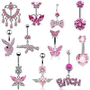 Fashion Pink Belly Ring Piercing Surgical Steel 14G Butterfly Navel Belly Button Rings for Women body jewelry wholesale