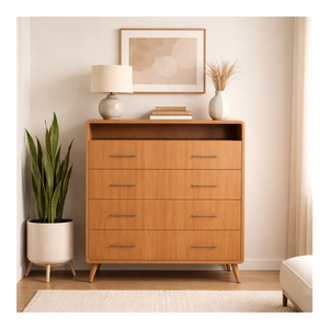 Commode haute contemporaine en bois avec 6 tiroirs, commode de rangement pour chambre à coucher de style mid-century, organisateur de meubles verticaux pour la maison - Product Image 1