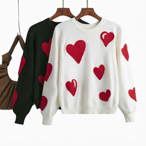 Pull en tricot pour femme avec applique cœur, col rond, manches longues, poignets lanternes, épais, pour l'automne et l'hiver, tenue décontractée - Product Image 1