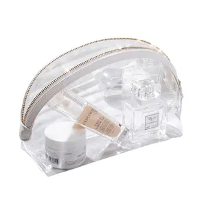 Exquisite crystal simple half moon shape clear vinyl PVC cosmetic clutch zipper pouch bag