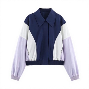 Chaqueta Bomber Corta con Bloques de Color para Mujer, Cuello Vuelto, Cremallera, Manga Larga, Ropa Exterior Casual para Otoño - Product Image 4