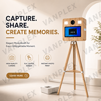 Machine photobooth trépied en bois avec écran tactile PC intégré, lampe LED et plaque d'impression pour location événementielle