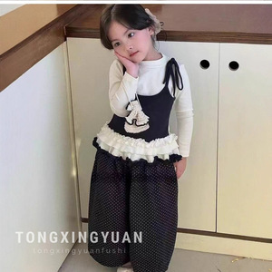 Girls Sweet Cool Style Set Autumn Lace Faux Two Piece Top Polka Dot Wide Leg Pants Cotton Children Outfits - Product Image 1