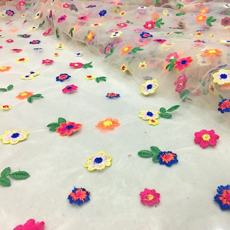 High Quality Small Floral Embroidered Nylon Mesh Fabric Lightweight Sheer Tulle for Dresses Skirts Table Runner Decoration