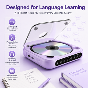 Lecteur <span class=keywords><strong>CD</strong></span> d'apprentissage des langues violet <span class=keywords><strong>Bluetooth</strong></span> 5.3, Walkman portable rechargeable avec fonction de répétition A-B et écouteurs USB - Product Image 1